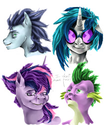 Size: 1300x1500 | Tagged: safe, artist:mindmendereoin, derpibooru import, dj pon-3, soarin', spike, twilight sparkle, vinyl scratch, dragon, pony, semi-realistic