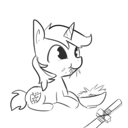 Size: 1650x1650 | Tagged: safe, artist:tjpones, shining armor, pony, unicorn, eating, foal, hay, herbivore, horses doing horse things, monochrome, sketch, solo, wooden sword, younger