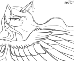 Size: 2400x2000 | Tagged: safe, artist:minelvi, princess luna, alicorn, pony, .psd available, horn jewelry, jewelry, monochrome, open collaboration, simple background, solo, spread wings, transparent background