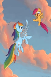 Size: 550x825 | Tagged: safe, artist:naroclie, rainbow dash, scootaloo, pegasus, pony, flying, scootaloo can fly