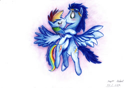 Size: 1063x751 | Tagged: safe, artist:kapiicefruit, rainbow dash, soarin', pegasus, pony, female, male, shipping, soarindash, straight