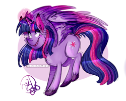 Size: 1280x1024 | Tagged: safe, artist:trishabeakens, derpibooru import, twilight sparkle, twilight sparkle (alicorn), alicorn, pony, female, mare, simple background, smiling, solo, spread wings, unshorn fetlocks