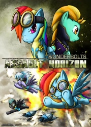 Size: 900x1258 | Tagged: safe, artist:jeffk38uk, cloudchaser, lightning dust, rainbow dash, thunderlane, pegasus, pony, ace combat, badass, blimp, clothes, costume, crossover, explosion, goggles, parody, shadowbolts, shadowbolts costume, wonderbolt trainee uniform, wonderbolts