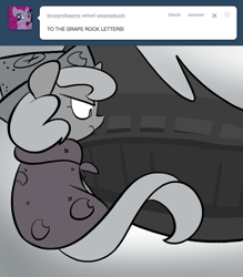 Size: 666x762 | Tagged: safe, artist:egophiliac, princess luna, oc, oc:summer (egophiliac), alicorn, pony, cartographer's cap, filly, grayscale, hat, marauder's mantle, monochrome, moon roc, moonstuck, solo focus, woona, younger