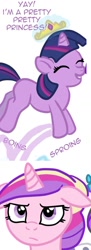 Size: 500x1376 | Tagged: safe, artist:kuromi, idw, princess cadance, twilight sparkle, alicorn, pony, boing, cadance is not amused, filly, filly twilight sparkle, floppy ears, onomatopoeia, sproing, teen princess cadance, twilight wants to be a princess, unamused