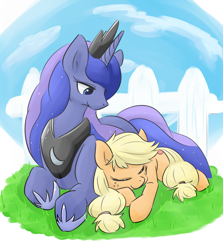 Size: 2500x2800 | Tagged: safe, artist:gamijack, applejack, princess luna, alicorn, earth pony, pony, crack shipping, female, fence, hatless, lesbian, lunajack, missing accessory, prone, shipping, sleeping, smiling