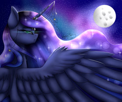 Size: 1024x853 | Tagged: safe, artist:jylaritaowo, artist:minelvi, princess luna, alicorn, pony, collaboration, horn jewelry, jewelry, moon, night, rear view, solo, spread wings