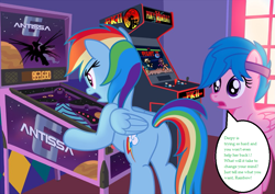 Size: 1061x752 | Tagged: safe, artist:sorcerushorserus, edit, firefly, rainbow dash, pegasus, pony, comic:dash academy, g1, antissa 6, arcade, babylon 5, g1 to g4, generation leap, i fancy myself clever, photoshop, pinball, plot, shadowcrab, text