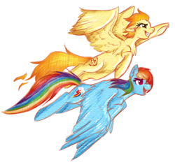 Size: 530x506 | Tagged: safe, artist:chimaerok, rainbow dash, spitfire, pegasus, pony, female, flying, mare, wings