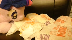 Size: 3840x2160 | Tagged: safe, derpibooru import, twilight sparkle, 4de, burger, cute, eyes on the prize, food, hamburger, irl, mcdonald's, photo, plushie, twiabetes, twilight burgkle, waifu dinner