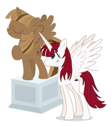 Size: 469x538 | Tagged: safe, artist:dm29, derpibooru import, twilight sparkle, twilight sparkle (alicorn), oc, oc:fausticorn, alicorn, pony, eyes closed, female, mare, raised hoof, smiling, solo, spread wings, statue, wood