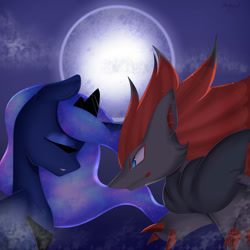 Size: 2000x2000 | Tagged: safe, artist:clefficia, princess luna, alicorn, pony, crossover, eyes closed, high res, moon, pokémon, zoroark