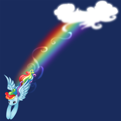 Size: 1350x1350 | Tagged: safe, artist:ladyduskfall, rainbow dash, pegasus, pony, blue background, cloud, female, flying, mare, rainbow trail, simple background, solo, spread wings, wings