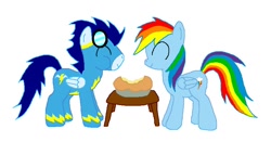 Size: 812x424 | Tagged: safe, artist:rorysoarin, rainbow dash, soarin', pegasus, pony, cute, dashabetes, female, happy, male, pie, shipping, soarinbetes, soarindash, straight, that pony sure does love pies