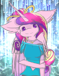 Size: 1024x1309 | Tagged: safe, artist:scarlet-vexin, princess cadance, anthro, clothes, jewelry, midriff, necklace, sketchy, solo