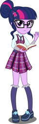 Size: 1435x4500 | Tagged: safe, artist:xebck, derpibooru import, sci-twi, twilight sparkle, equestria girls, friendship games, book, clothes, crystal prep academy, crystal prep academy uniform, crystal prep shadowbolts, glasses, looking at you, pleated skirt, school uniform, simple background, skirt, solo, transparent background, vector