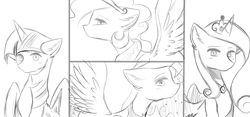 Size: 5000x2349 | Tagged: safe, artist:kurochhi, princess cadance, princess celestia, princess luna, twilight sparkle, twilight sparkle (alicorn), alicorn, pony, alicorn tetrarchy, monochrome