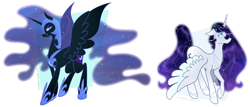 Size: 1718x734 | Tagged: safe, artist:egophiliac, nightmare moon, princess luna, alicorn, pony, abstract background, dark side, duality, ethereal mane, light side, nicemare moon, raised hoof, sparkles, split personality, spread wings