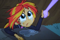 Size: 1019x679 | Tagged: safe, screencap, sunset shimmer, twilight sparkle, equestria girls, equestria girls (movie), begging, clothes, crying, faic, forgiveness, jacket, leather jacket, messy hair, sunsad shimmer