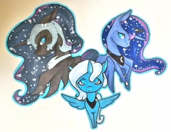 Size: 1024x791 | Tagged: safe, artist:oneiria-fylakas, nightmare moon, princess luna, alicorn, pony, bust, lunar trinity, portrait, s1 luna, traditional art, triality