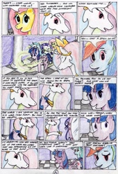 Size: 2309x3396 | Tagged: safe, artist:40kponyguy, derpibooru exclusive, derpibooru import, fluttershy, lyra heartstrings, princess celestia, rainbow dash, rarity, twilight sparkle, twilight sparkle (alicorn), alicorn, pegasus, pony, unicorn, 40kponyguy's the staff of aurelian, comic, female, magic mirror, mare, traditional art