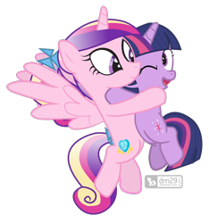 Size: 880x940 | Tagged: safe, artist:dm29, princess cadance, twilight sparkle, unicorn twilight, alicorn, pony, unicorn, duo, filly, filly twilight sparkle, flying, hug, julian yeo is trying to murder us, one eye closed, simple background, teen princess cadance, transparent background, younger