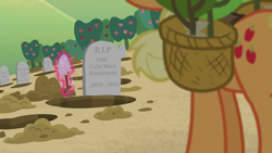 Size: 1280x720 | Tagged: safe, derpibooru import, edit, edited screencap, screencap, applejack, twilight sparkle, earth pony, pony, castle sweet castle, applejack's hat's death, digging, drama, gravestone, meme, shovel, telekinesis