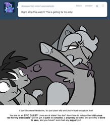 Size: 666x763 | Tagged: safe, artist:egophiliac, princess luna, oc, oc:frolicsome meadowlark, oc:sunshine smiles (egophiliac), bat pony, pony, cartographer's cap, filly, grayscale, hat, marauder's mantle, monochrome, moonstuck, tumblr, tumblr comic, woona, younger