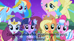 Size: 713x401 | Tagged: safe, derpibooru import, screencap, applejack, fluttershy, pinkie pie, rainbow dash, rarity, twilight sparkle, earth pony, pegasus, pony, unicorn, clothes, congratulations, dress, gala dress, image macro, meme, milestone celebration, slowpoke