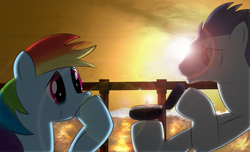 Size: 1024x623 | Tagged: safe, artist:brovic43, rainbow dash, soarin', pegasus, pony, crying, female, male, marriage proposal, romantic, shipping, soarindash, straight, sunset, tears of joy