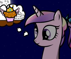 Size: 1368x1125 | Tagged: safe, artist:zsparkonequus, princess cadance, alicorn, pony, cravings, derp, food, moon, muffin, teen princess cadance