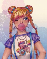 Size: 316x395 | Tagged: artist needed, safe, princess cadance, barely pony related, bubblegum, clothes, ear piercing, earring, food, gum, jewelry, one eye closed, piercing, sailor moon, serena tsukino, shirt, tsukino usagi, wink