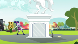 Size: 1280x720 | Tagged: safe, derpibooru import, screencap, sci-twi, sunset shimmer, twilight sparkle, equestria girls, friendship games, magic capture device, magic theft, statue