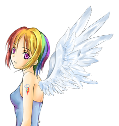 Size: 850x900 | Tagged: safe, artist:d-tomoyo, rainbow dash, clothes, humanized, pixiv, simple background, solo, transparent background, winged humanization