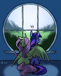 Size: 1200x1489 | Tagged: safe, artist:rwl, derpibooru import, fluttershy, twilight sparkle, twilight sparkle (alicorn), alicorn, pegasus, pony, exclamation point, female, hug, lesbian, mare, scenery, shipping, surprised, twishy, valley, window, winghug