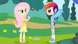 Size: 1921x1081 | Tagged: safe, artist:chanokun, artist:skill:draw, fluttershy, rainbow dash, sonic rainboom (episode), belly button, clothes, converse, cute, dress, grass field, humanized, midriff, shoes, shorts, winged humanization, yay