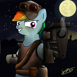 Size: 894x894 | Tagged: safe, rainbow dash, pegasus, pony, blue coat, crossover, fallout, female, gun, mare, multicolored mane, solo