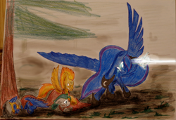 Size: 1888x1292 | Tagged: safe, artist:matmax426, princess luna, spitfire, oc, oc:pierson, oc:willow, alicorn, pony, badass, crying, magic blast, traditional art