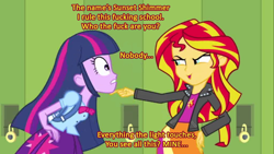 Size: 1366x768 | Tagged: safe, screencap, sunset shimmer, twilight sparkle, equestria girls, equestria girls (movie), image macro, junji ito, slum queen gorgo, uzumaki, vulgar