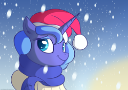 Size: 1280x905 | Tagged: safe, artist:wonkysole, princess luna, alicorn, pony, clothes, hat, looking at you, s1 luna, santa hat, scarf, snow, solo, sweater