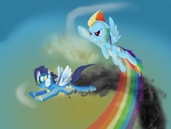 Size: 900x675 | Tagged: safe, artist:sharkayartist, rainbow dash, soarin', pegasus, pony, female, flying, male, mare, soarindash, stallion