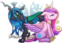 Size: 800x565 | Tagged: safe, artist:glumdusk, princess cadance, queen chrysalis, alicorn, changeling, changeling queen, pony, crying, cute, cutedance, duo, duo female, eyes closed, female, floppy ears, sad, signature, simple background, sitting, transparent background