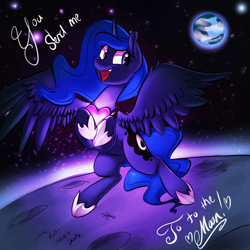 Size: 1000x1000 | Tagged: safe, artist:nstone53, artist:xxmarkingxx, princess luna, alicorn, pony, collaboration, cute, earth, heart, lunabetes, moon, open mouth, smiling, solo, space, valentine, valentine's day