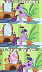 Size: 552x931 | Tagged: safe, derpibooru import, edit, edited screencap, screencap, pinkie pie, twilight sparkle, earth pony, pony, crusaders of the lost mark, green isn't your color, dialogue, image macro, meme