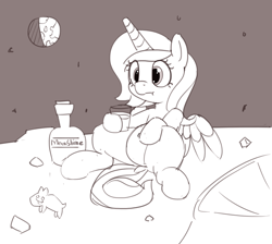 Size: 1280x1149 | Tagged: safe, artist:pabbley, princess luna, alicorn, pony, alcohol, belly button, earth, grayscale, hoof hold, monochrome, moon, moonshine, sitting, solo