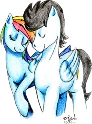 Size: 900x1217 | Tagged: safe, artist:crazydiary86, rainbow dash, soarin', pegasus, pony, female, male, shipping, soarindash, straight, traditional art