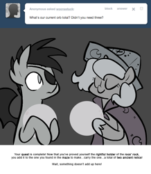 Size: 666x763 | Tagged: safe, artist:egophiliac, princess luna, oc, oc:sunshine smiles (egophiliac), bat pony, pony, cartographer's cap, eyepatch, filly, grayscale, hat, lunar stone, marauder's mantle, monochrome, moonstuck, tumblr, tumblr comic, woona, younger