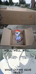 Size: 1329x2681 | Tagged: safe, rainbow dash, pegasus, pony, fanfic:my little dashie, dashie meme, evil people finding dash meme, exploitable meme, johan liebert, meme origin, monster