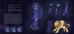 Size: 2150x1008 | Tagged: safe, artist:howxu, princess luna, human, manticore, clothes, commission, dress, evening gloves, expressions, gloves, humanized, long gloves, long hair, looking at you, reference sheet, side slit, solo