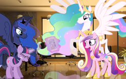 Size: 2560x1600 | Tagged: safe, artist:whynotscenery, princess cadance, princess celestia, princess luna, twilight sparkle, iphone, irl, magic, office, photo, ponies in real life, reflection, telekinesis, vector